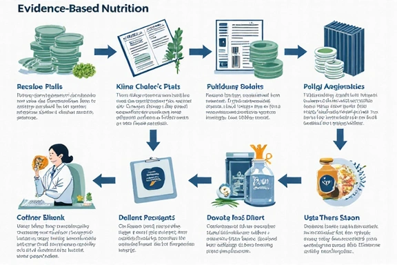 A detailed infographic illustrating the process of evidence-based nutrition, showing data analysis, research papers, and personalized plan development.