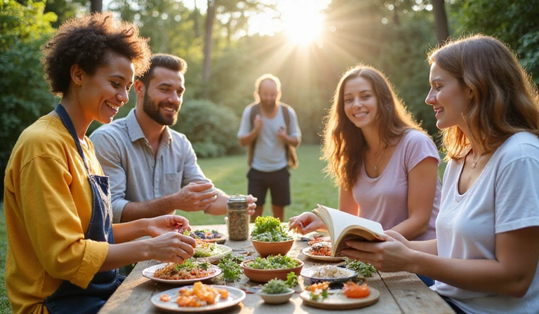 A diverse group of people engaged in healthy activities like cooking, exercising, and meditating, symbolizing holistic well-being. The image is bright and uplifting.
