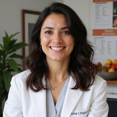 Professional portrait of Dr. Anya Sharma, a nutritionist with a warm and knowledgeable expression, in a modern, clean office setting.