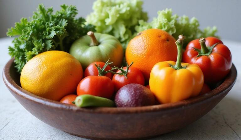 A vibrant bowl of colorful fruits and vegetables, symbolizing healthy eating and nutrition.