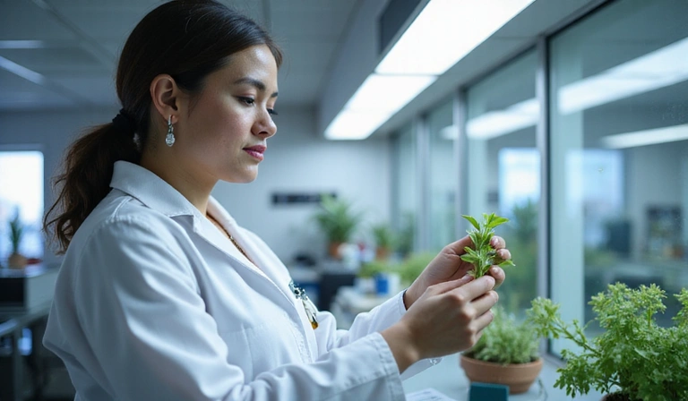 A scientist in a lab coat examining a plant, symbolizing scientific studies in nutrition.