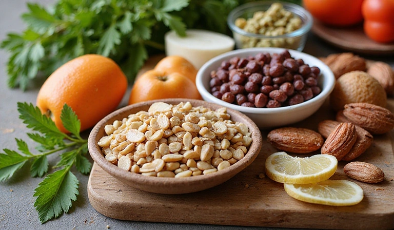 A variety of plant-based foods, such as legumes, nuts, and seeds, representing plant-based nutrition.