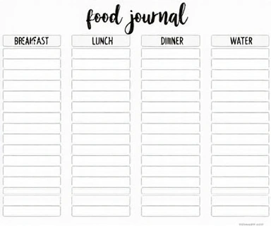 A clean, minimalist food journal template with space for meals, snacks, and water intake.
