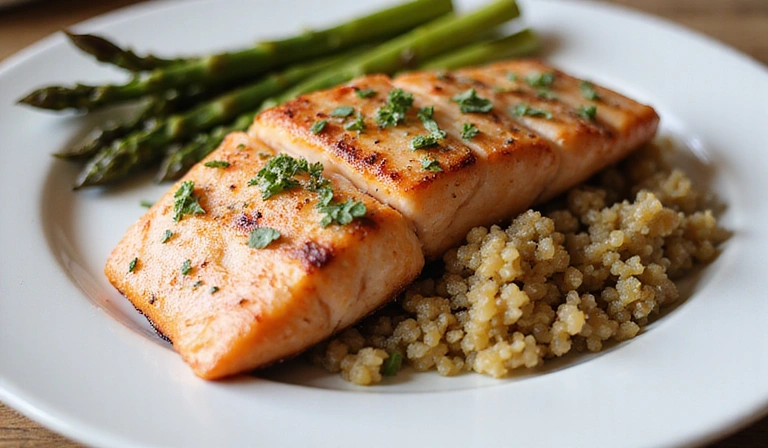 A plate with a balanced meal, including lean protein, whole grains, and colorful vegetables, representing weight management.