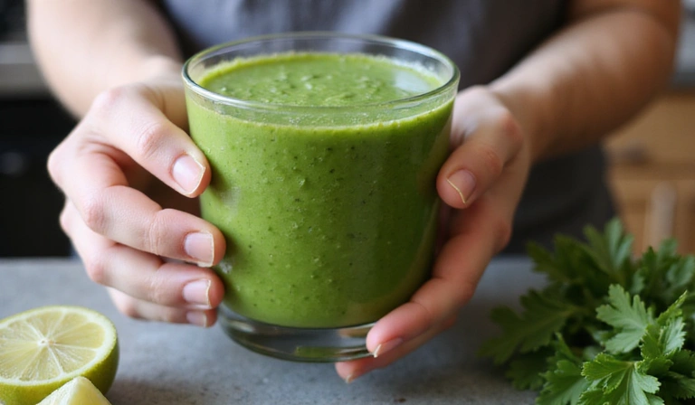 A person holding a healthy green smoothie, symbolizing gut health and healthy digestion.