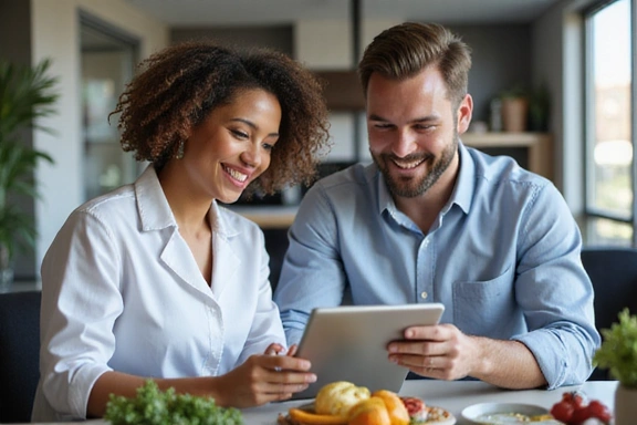 A nutritionist consulting with a client, pointing at a chart.