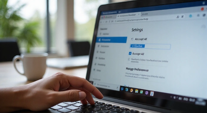 A person's hand interacting with a web browser settings interface, with cookie management options highlighted, symbolizing user control over privacy settings.