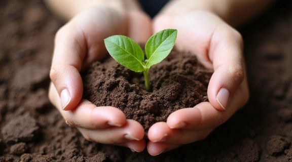 Image of hands holding a small plant growing from soil