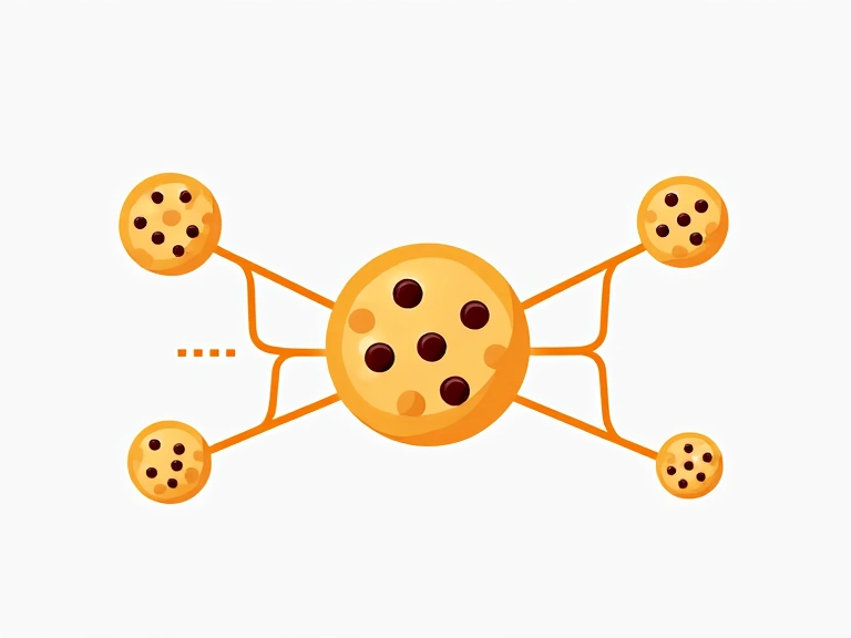 A graphic representation of various cookies and data flow, symbolizing cookie usage.
