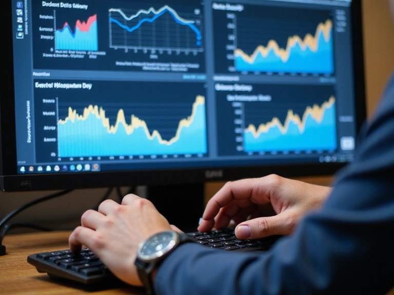 A person analyzing data on a computer screen, representing information usage.
