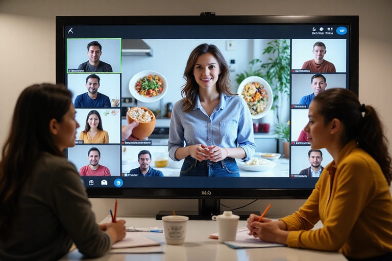 A diverse group of people actively participating in an online nutrition webinar on their laptops