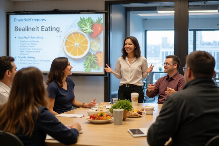 A group of diverse employees attending a corporate wellness seminar, looking engaged and healthy