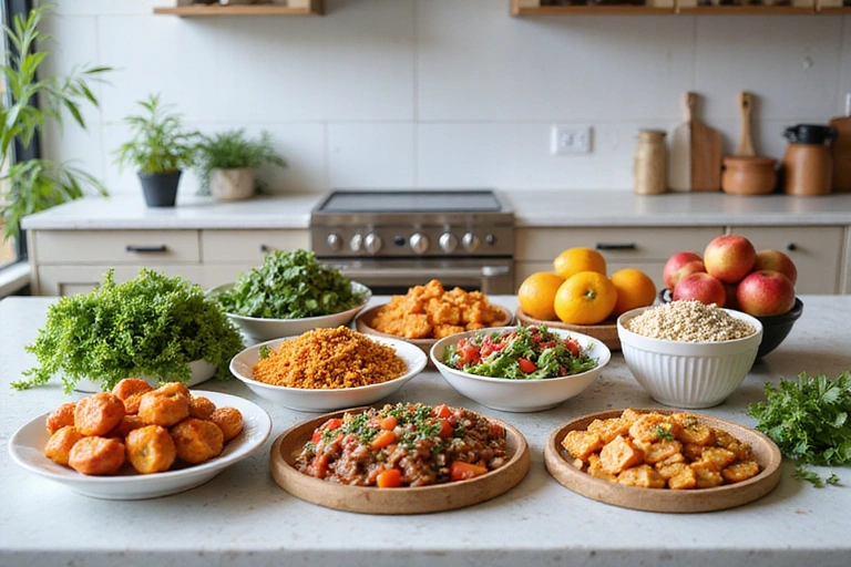 A variety of colorful, healthy meals arranged aesthetically on a kitchen counter
