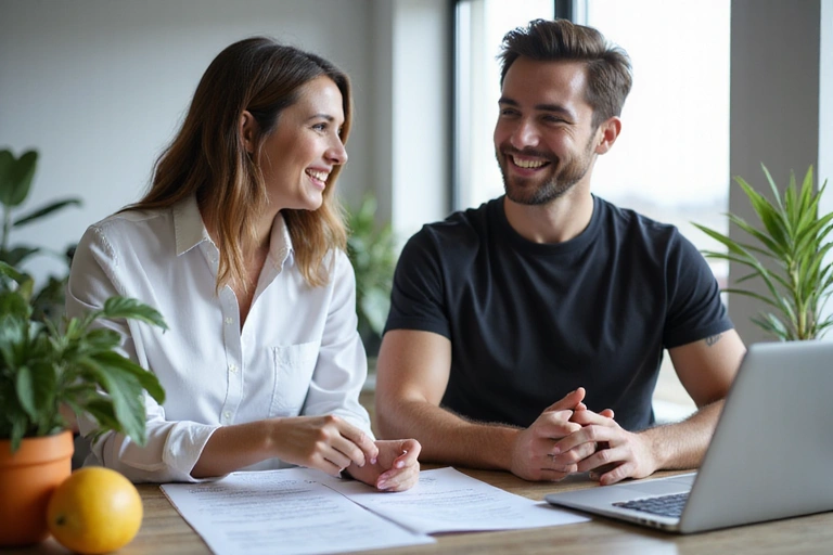 Nutritionist consulting with a client, showing charts and healthy food options