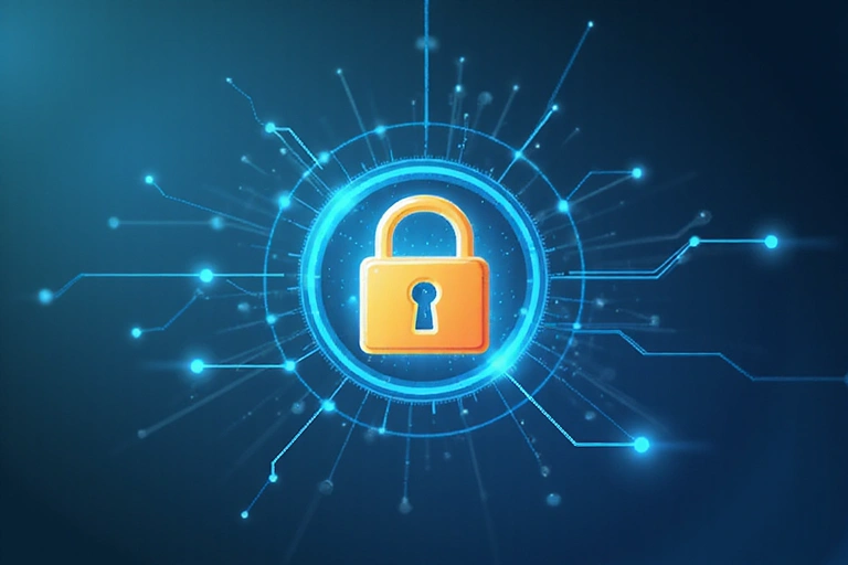 Locked digital padlock over a webpage icon