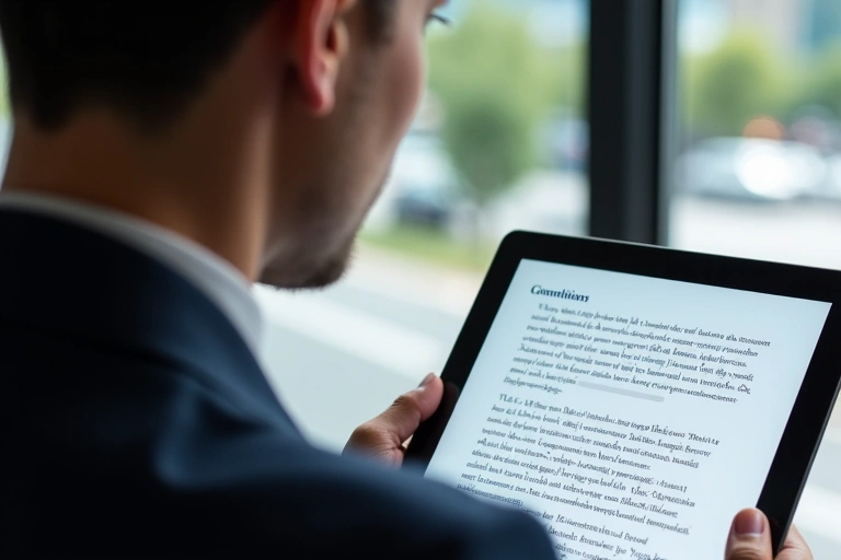 Person reading a legal document on a tablet