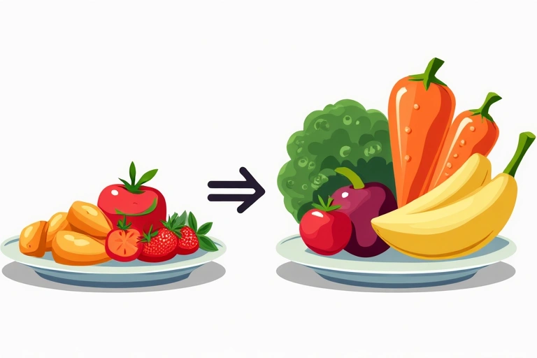 Abstract representation of 'before' (unhealthy eating, weight issues) and 'after' (balanced plate, healthy weight) transformation.